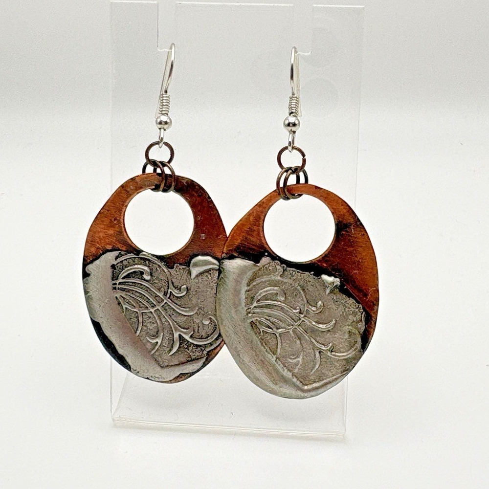 Vintage Copper Artisan Earrings Silvertone Art to Wear Pierced Dangle